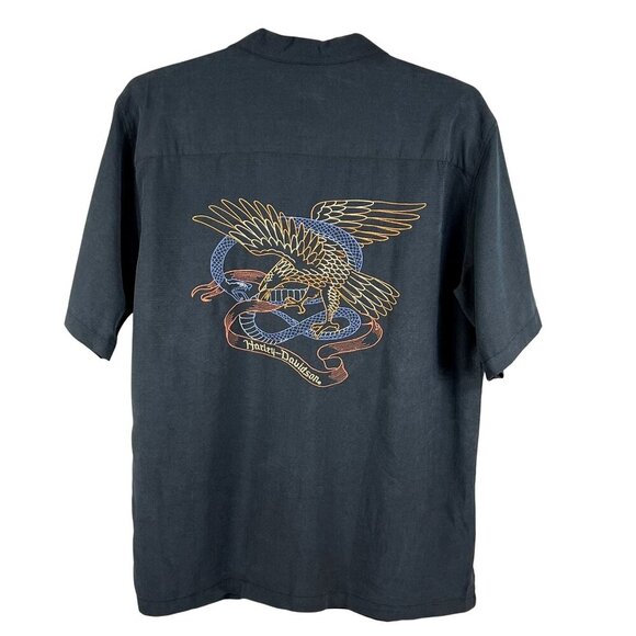 Harley-Davidson Mens L Button-Up Charcoal Shirt Embroidered Eagle & Snake Biker - Picture 1 of 15